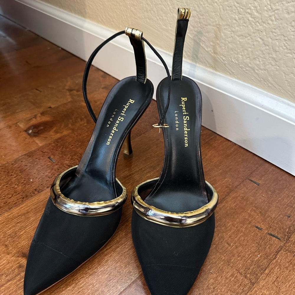 Rupert Sanderson Black Heels with Gold Detailing - MISSING STRAP
